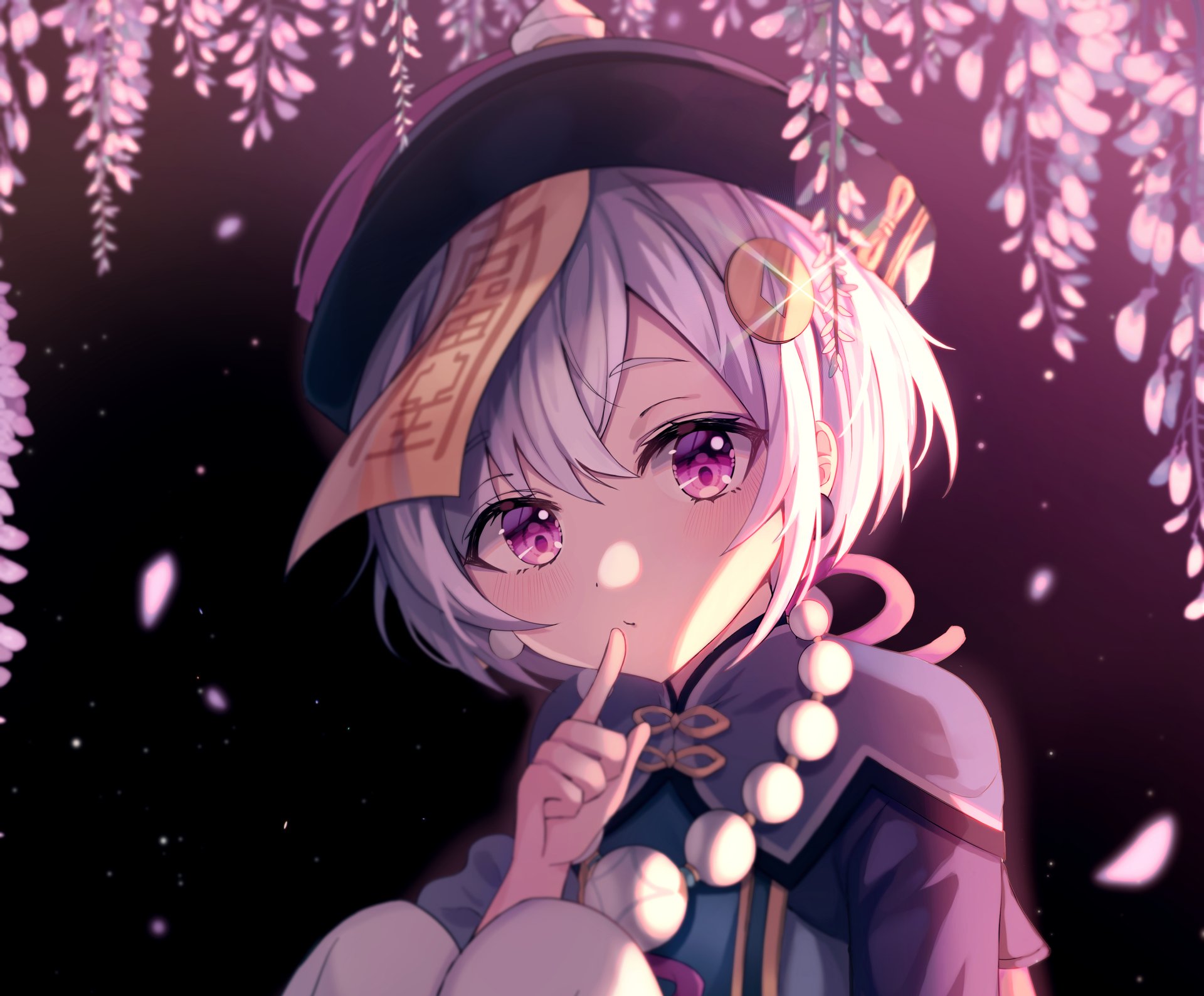 Qiqi from the video game Genshin Impact in a 2K Quad HD PC desktop wallpaper: close-up portrait with purple eyes, talisman on her forehead, prayer beads and falling wisteria petals on a dark background.