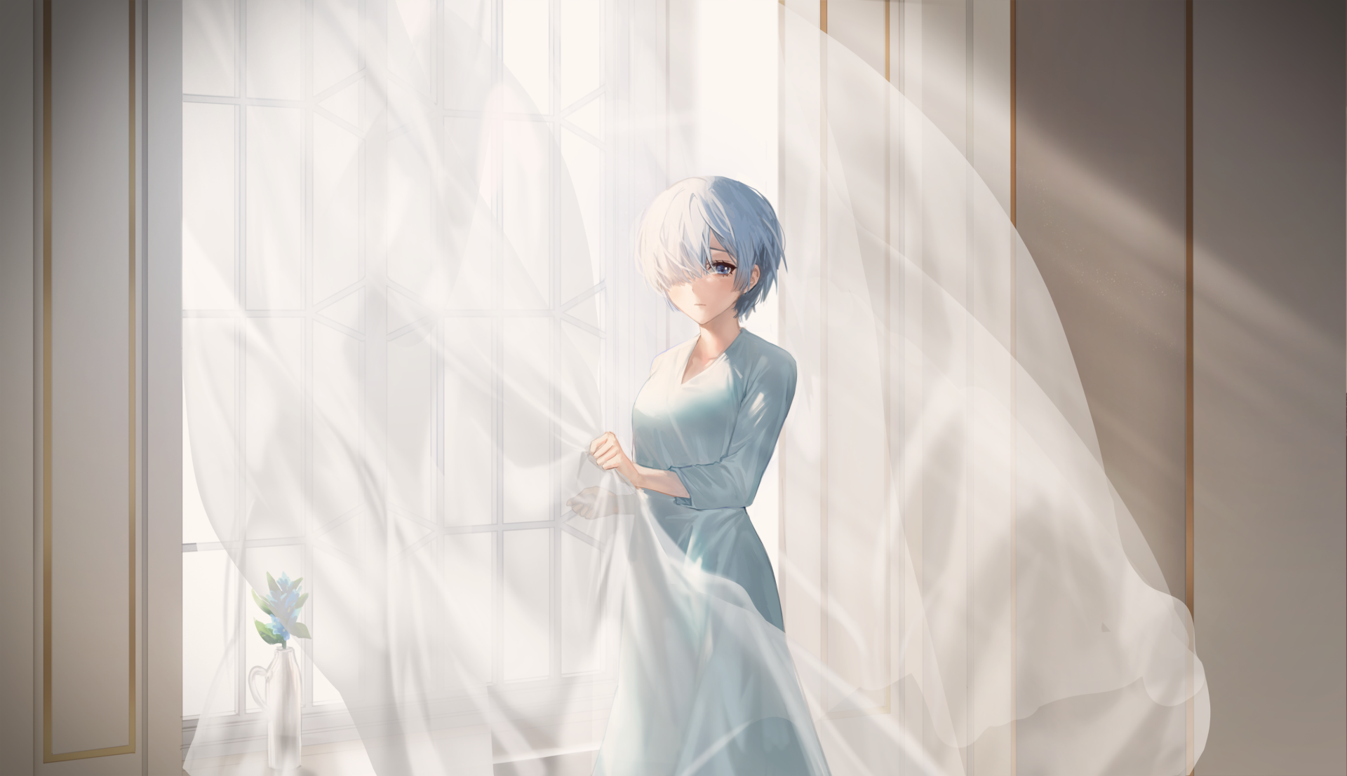 HD PC wallpaper featuring Rem from Re:Zero with short blue hair standing gracefully near a softly lit window, capturing an ethereal anime atmosphere.