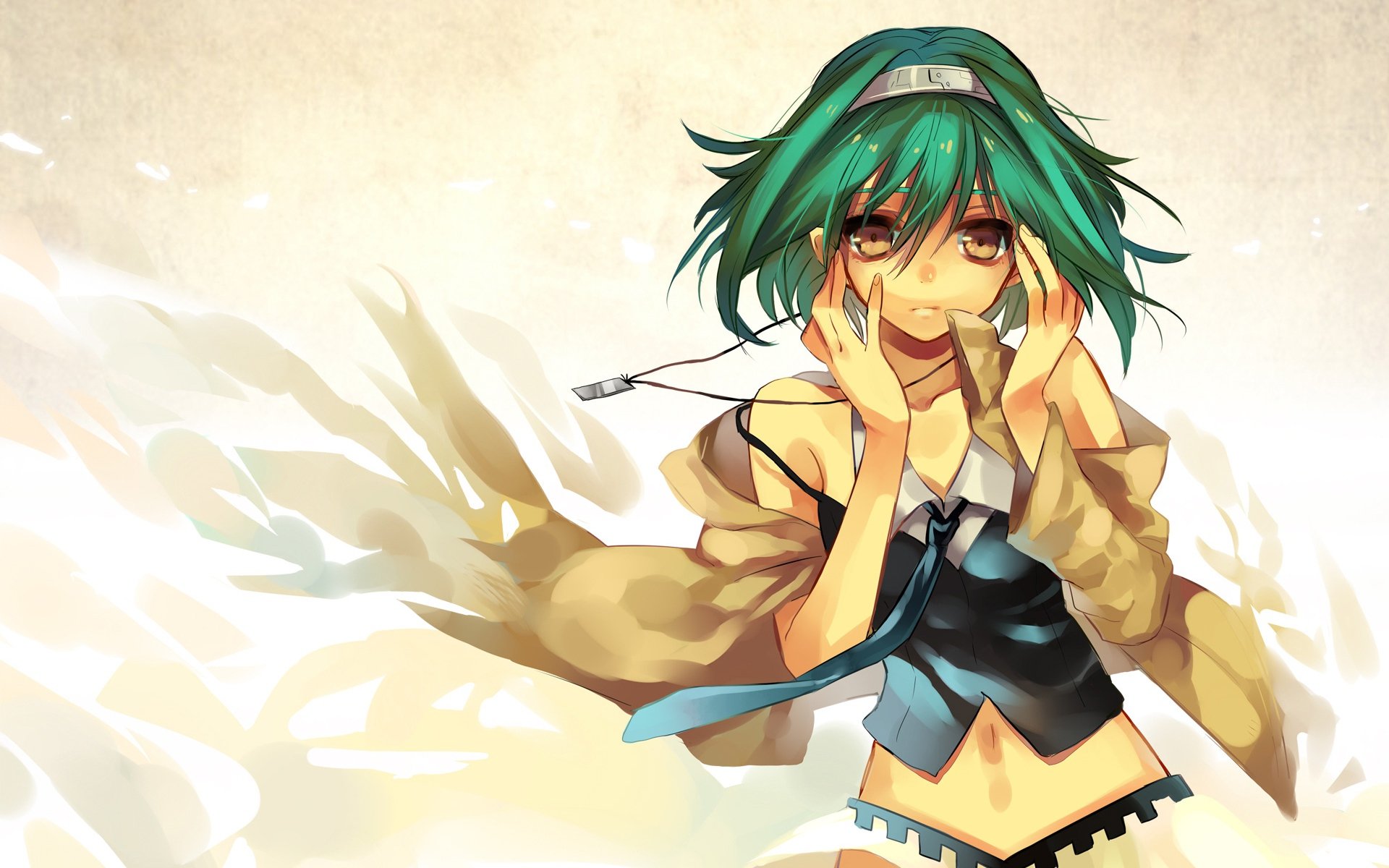 HD anime desktop wallpaper featuring GUMI from Vocaloid with green hair, a headband, and expressive pose against a light, textured background.