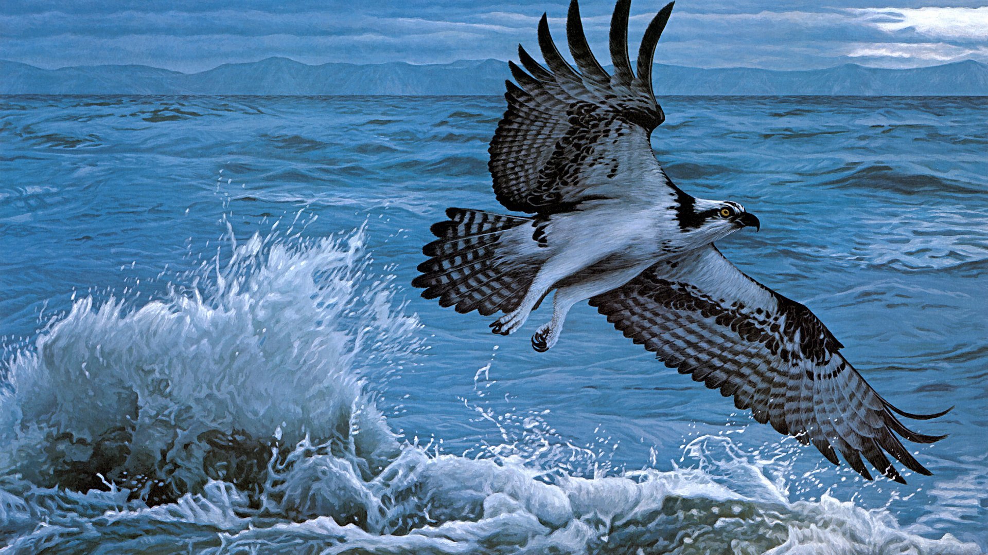 A striking HD PC desktop wallpaper of an osprey bird soaring above choppy ocean waves, capturing the dynamic energy of this powerful animal in flight.