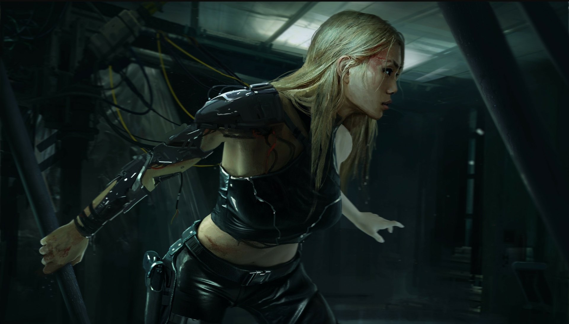 A cyberpunk cyborg woman with mechanical arms in a dark, futuristic setting, rendered in 4K Ultra HD for a sci-fi PC desktop wallpaper.