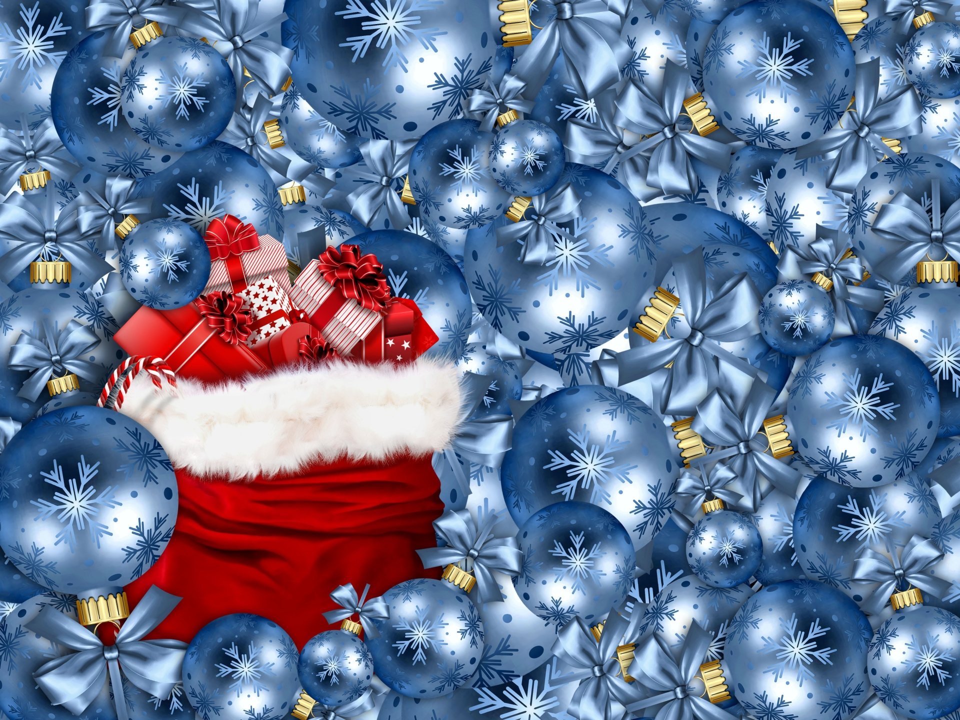 A vibrant 4K Ultra HD wallpaper featuring a red Christmas stocking overflowing with gifts, set against a background of shimmering blue holiday baubles and ornaments.