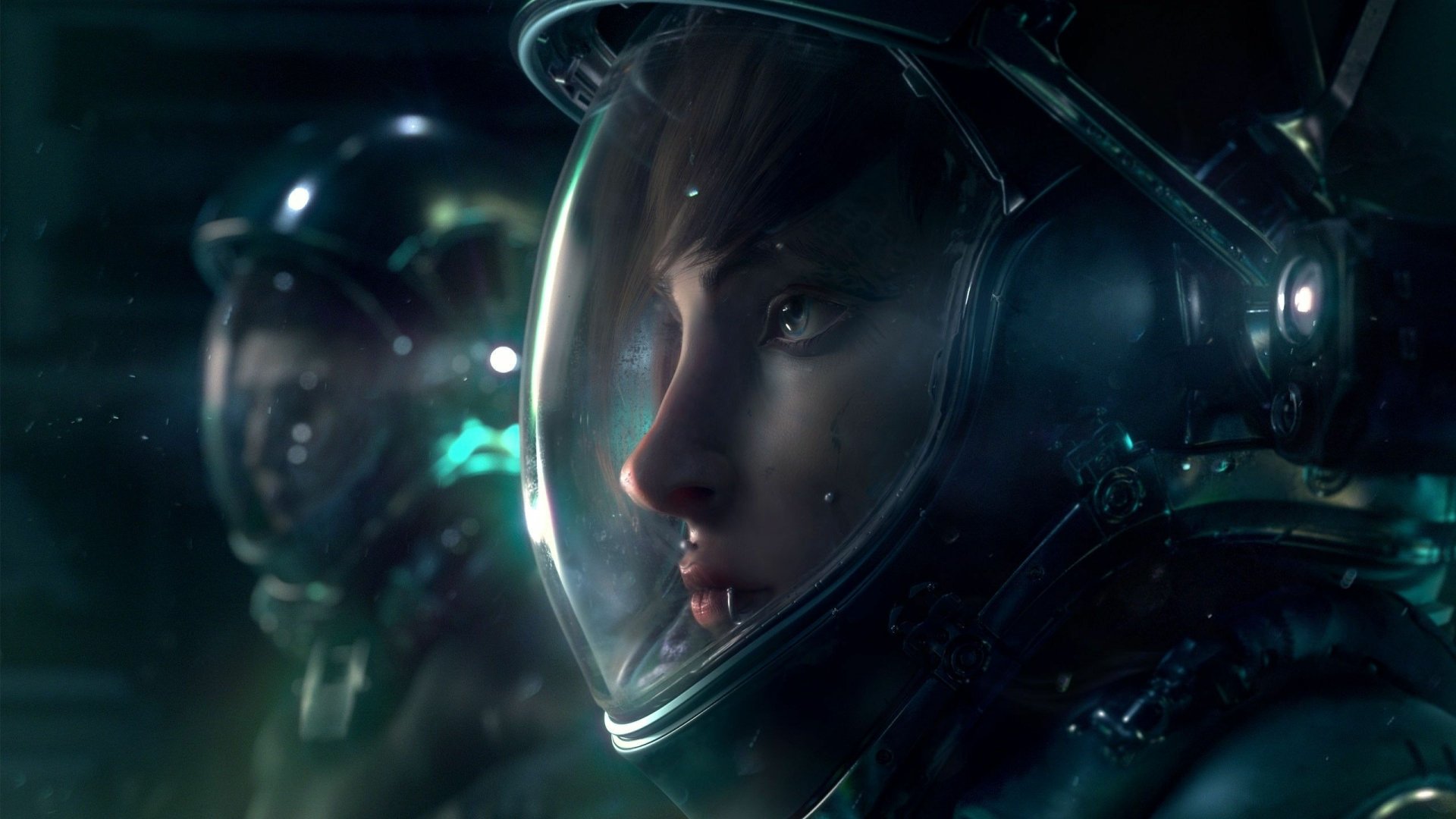 Close-up of a sci-fi astronaut in a reflective space suit helmet, softly lit profile with another suited figure in the background — 2K Quad HD PC desktop wallpaper/background.