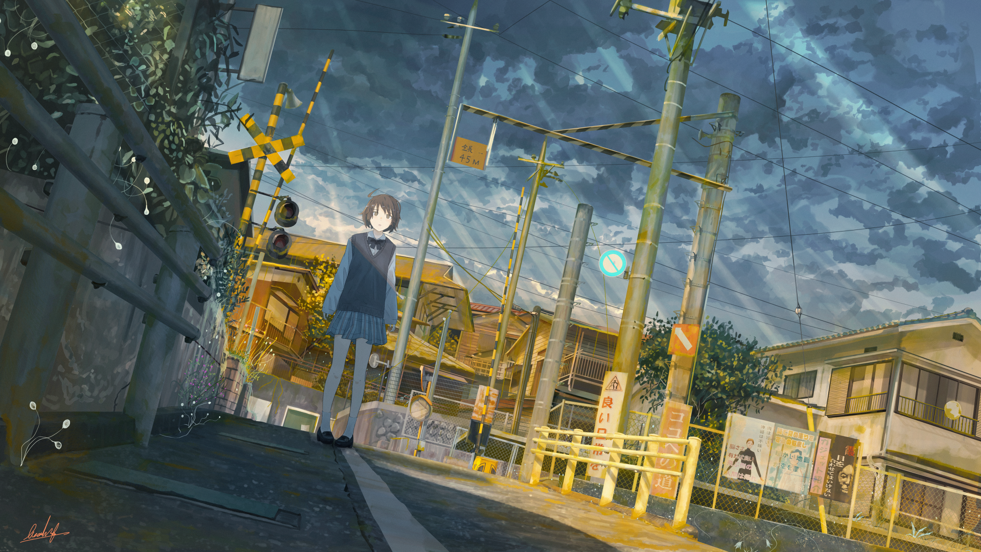 Anime-style street scene at dusk featuring a lone figure near railroad crossing, rendered in detailed 4K Ultra HD quality for PC desktop wallpaper and background.
