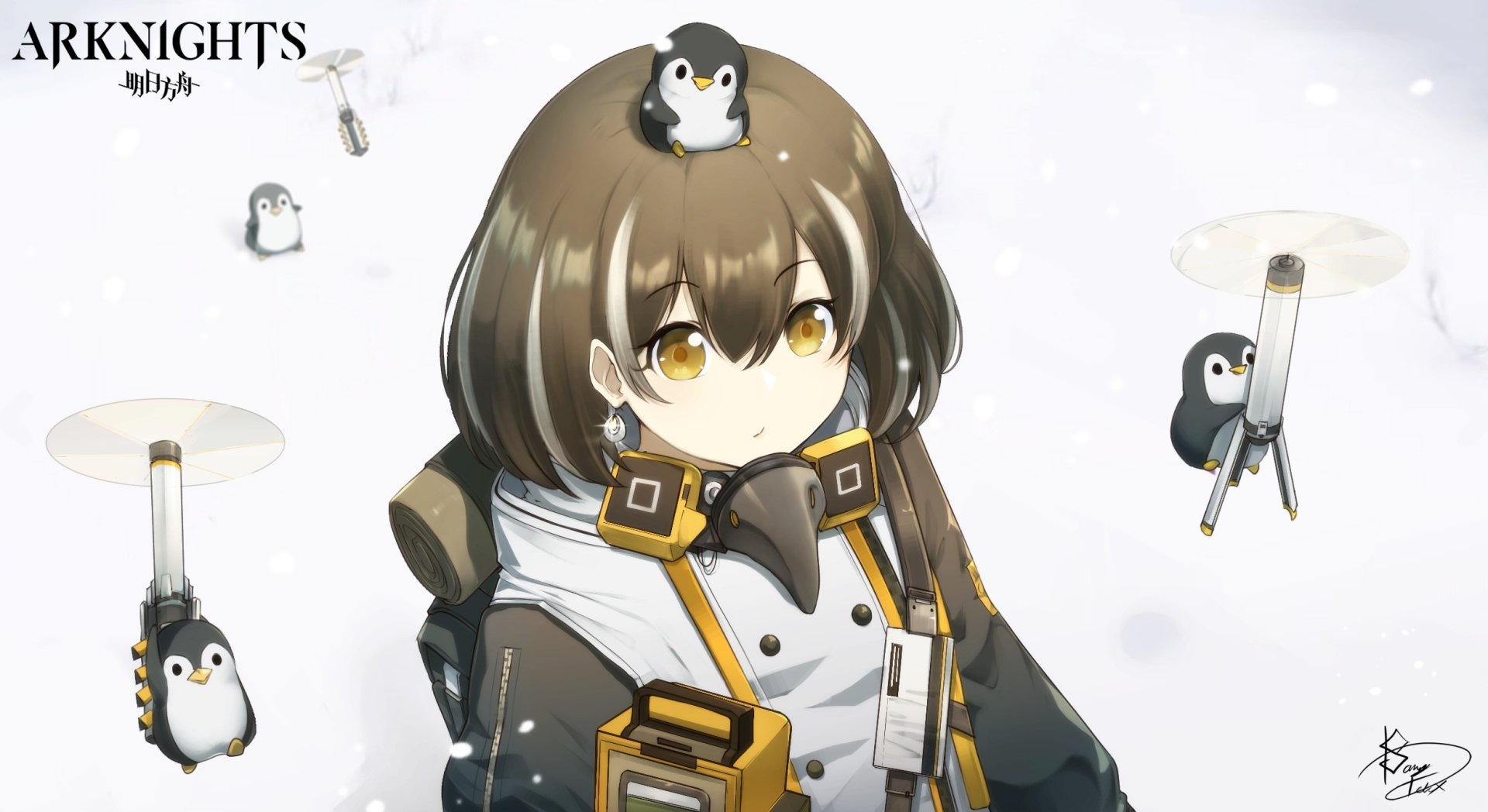 Magallan (Arknights) video game wallpaper: brown-haired operator in winter coat surrounded by small penguins against a snowy HD PC desktop background.