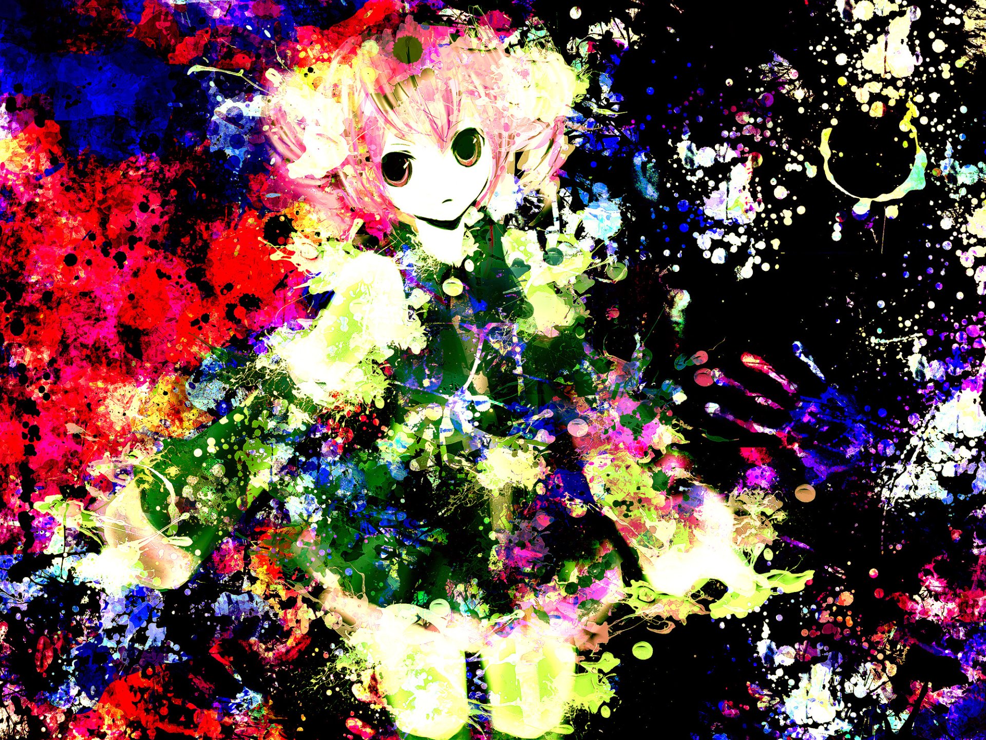 Vibrant splatter-art HD PC desktop wallpaper of Kasane Teto (Utau) in anime style: pink-haired doll-like figure with wide eyes amid multicolored paint bursts on a black background.
