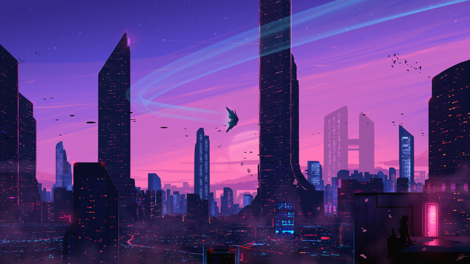 Futuristic skyscrapers dominate the sci-fi cityscape in this HD wallpaper, illuminated by neon lights against a pink and purple sky.