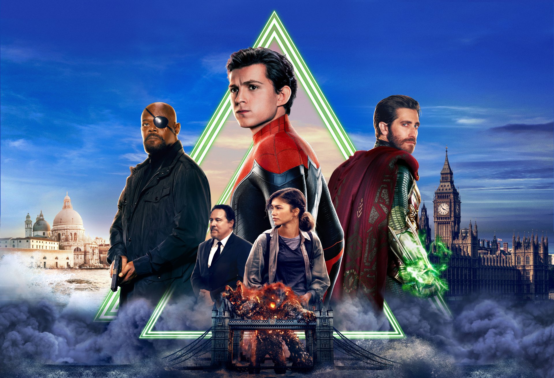 8K Ultra HD PC wallpaper: Spider-Man with MJ (Michelle 'MJ' Jones), Happy Hogan, Nick Fury and Mysterio against a neon triangle and London skyline — Spider-Man: Far From Home.