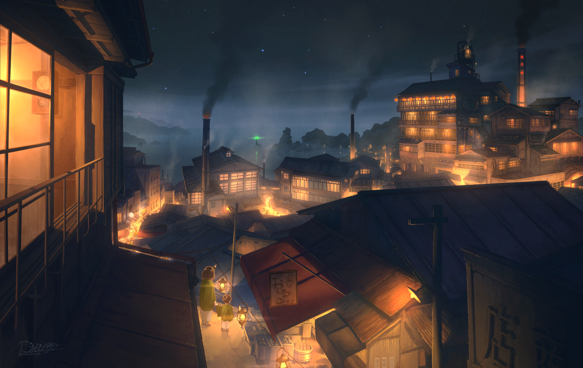 A high-definition anime desktop wallpaper featuring a night scene of a bustling city illuminated by warm lights, with smoke rising from chimneys and buildings glowing under the starlit sky.