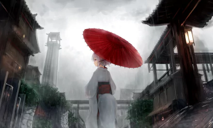 Anime girl with white hair wearing a kimono and holding a red umbrella stands in a misty, traditional Japanese street in this HD desktop wallpaper.