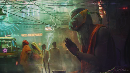 Cyberpunk sci-fi scene: cyborg monk in a neon, rain-soaked alley with bustling market and tangled wires — HD PC desktop wallpaper/background.
