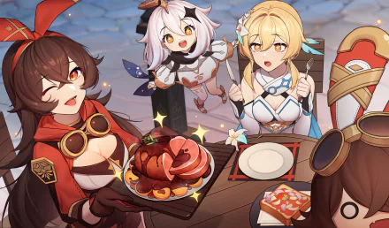 HD desktop wallpaper featuring Paimon, Lumine, and Amber from Genshin Impact enjoying a meal together. Bright and joyful scene from the video game Genshin Impact.