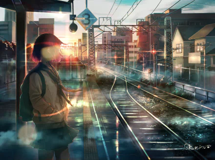 Anime-style HD desktop wallpaper featuring a short-haired pink-haired girl in a school uniform and skirt standing at a train station platform during sunset.