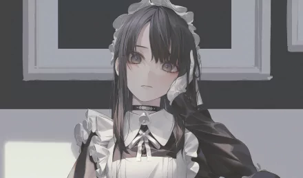 Anime girl in a black-and-white maid outfit with long dark hair and a soft expression by a window — 2K Quad HD PC desktop wallpaper background.