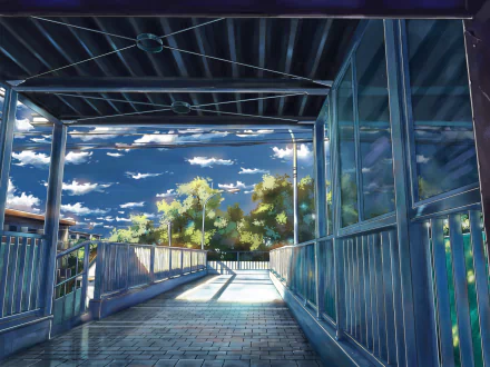 HD anime desktop wallpaper depicting a sunlit path through a glass and metal walkway with trees and a vibrant sky in the background.