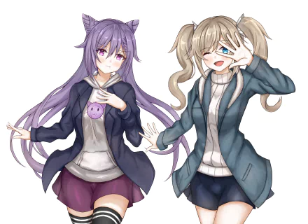5K Ultra HD PC desktop wallpaper of Keqing and Barbara from the video game Genshin Impact — Keqing in a cat‑ear hoodie with long purple hair, Barbara winking in twin tails and a cozy jacket.