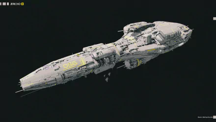 Sci Fi spaceship rendered as a 2K Quad HD PC desktop wallpaper and background: detailed gray-and-yellow frigate drifting against a black space backdrop.