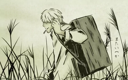 HD anime wallpaper featuring Ginko from Mushishi, depicted walking through tall grass with his signature large wooden box on his back.