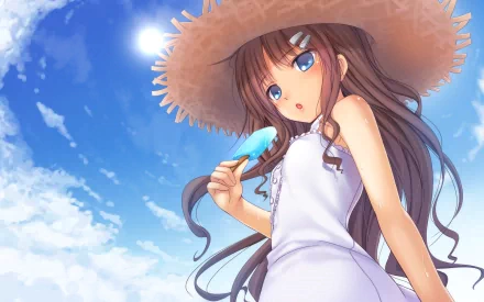 HD anime desktop wallpaper featuring a girl with long brown hair and blue eyes, wearing a white dress and straw hat, enjoying a popsicle under a bright blue sky.