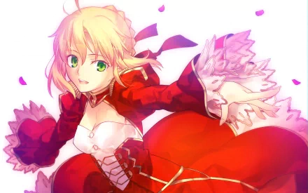 A vibrant HD desktop wallpaper featuring Red Saber from Fate/Stay Night and Fate/Extra, showcasing her dynamic pose and striking green eyes against a colorful background.