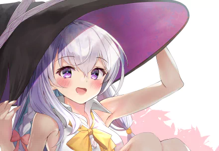 Anime HD PC wallpaper featuring Elaina from Wandering Witch: The Journey of Elaina with her signature large black witch hat and cheerful expression.