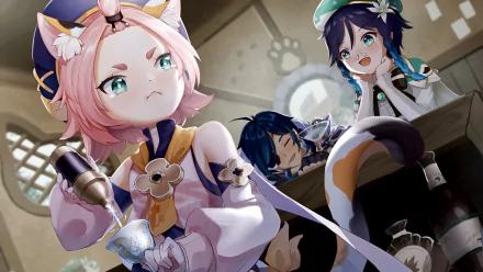 HD wallpaper featuring Diona with pink hair and green eyes, along with Venti and Kaeya from Genshin Impact, showcasing dynamic character expressions in a detailed setting.