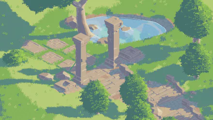 A vibrant pixel art scene featuring ancient stone pillars by a small pond, surrounded by lush greenery, designed as an HD PC desktop wallpaper and background.