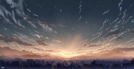 HD anime wallpaper showcasing a cityscape at sunset with mountains in the background, illuminated by the warm glow of twilight. The sky is filled with starry hues and streaks of clouds.