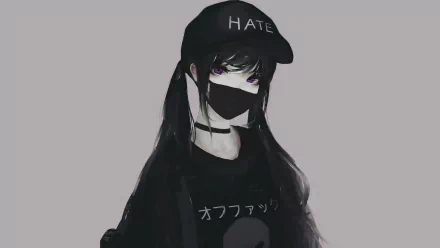 Anime girl with black twintails wearing a cap labeled HATE, a black mask, and dark clothing, rendered in 8K Ultra HD as a PC desktop wallpaper.