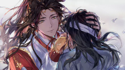 HD anime desktop wallpaper from Tian Guan Ci Fu, featuring two characters in an intimate moment with detailed expressions and flowing hair.