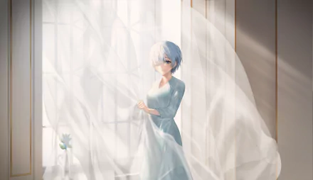 HD PC wallpaper featuring Rem from Re:Zero with short blue hair standing gracefully near a softly lit window, capturing an ethereal anime atmosphere.