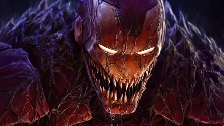4K Ultra HD PC desktop wallpaper: comic-style Iron Man warped into a menacing symbiote form, glowing eyes and razor teeth against a dark textured background.