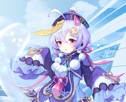 HD PC desktop wallpaper featuring Qiqi from the video game Genshin Impact in her signature outfit with a bright, sky-blue background.