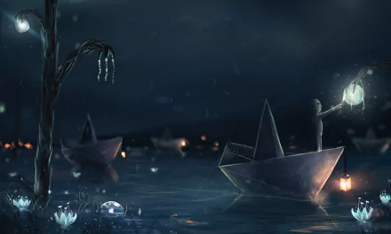 Anime-style night scene with glowing paper boats floating on water, illuminated by hanging lanterns, creating a serene HD PC desktop wallpaper background.
