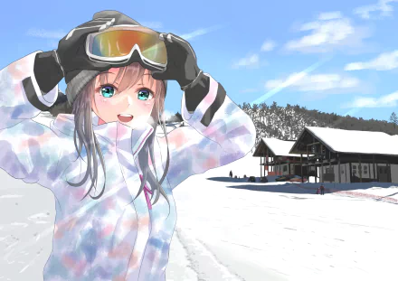 HD anime girl wallpaper featuring a cheerful girl in ski gear against a snowy mountain landscape with clear blue skies and a traditional wooden lodge in the background.