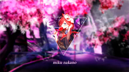 HD desktop wallpaper featuring Miku Nakano from the anime The Quintessential Quintuplets. Miku is depicted inside a triangular frame against a vibrant backdrop of blossoming trees.