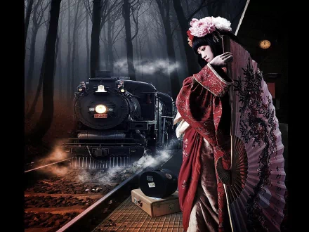 A striking HD wallpaper featuring a woman in a red kimono with a fan, standing by a dark, misty forest and a train, evoking a sense of mystery and elegance. 