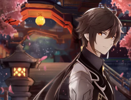 Zhongli (Genshin Impact) HD PC desktop wallpaper: the Geo adeptus stands on a lantern-lit bridge amid cherry blossoms and glowing temple lanterns under a starlit night sky.