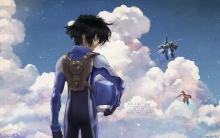 HD PC desktop wallpaper featuring a character from the anime Mobile Suit Gundam 00 with Gundam mobile suits flying against a vibrant sky of clouds.