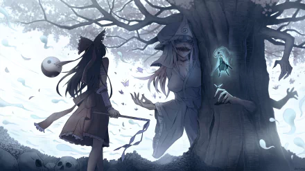 5K Ultra HD PC desktop wallpaper — Touhou: Youmu Konpaku and Myon face Yuyuko Saigyouji emerging from a gnarled tree while Reimu Hakurei watches in an ethereal moonlit forest.