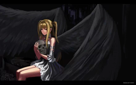 A striking HD desktop wallpaper featuring Shidou Mariya from Maria Holic, sitting against dark wings while cradling a skull, blending elegance and a haunting atmosphere.
