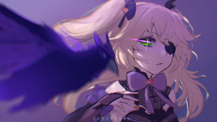 HD PC desktop wallpaper of Fischl from the video game Genshin Impact: blonde hair, green glowing eye with an eyepatch, purple outfit and a shadowy raven wing.