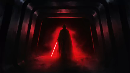 A 4K Ultra HD Star Wars wallpaper featuring Darth Vader holding a red lightsaber in a dark, smoky corridor, embodying the Sith and sci-fi themes.