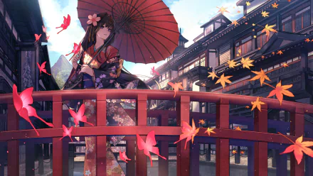 Anime girl with black hair and purple eyes in a traditional kimono holds a red umbrella on a wooden bridge, surrounded by butterflies and autumn leaves in a Japanese town backdrop.
