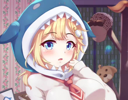 HD desktop wallpaper of anime character Watson Amelia from Hololive, featuring her with blue eyes, blonde hair, and dressed in a blue shark hoodie. A teddy bear is also visible in the background.