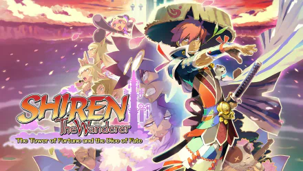 HD desktop wallpaper of Shiren the Wanderer: The Tower of Fortune and the Dice of Fate featuring the game's characters and vibrant artwork.