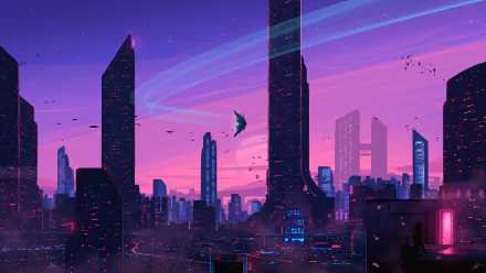 Futuristic skyscrapers dominate the sci-fi cityscape in this HD wallpaper, illuminated by neon lights against a pink and purple sky.