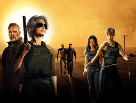 Mackenzie Davis Linda Hamilton Arnold Schwarzenegger Sarah Connor Terminator movie Terminator: Dark Fate HD Desktop Wallpaper | Background Image