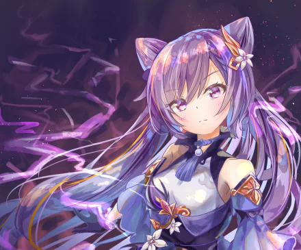 HD PC desktop wallpaper featuring Keqing from Genshin Impact with glowing purple energy effects in a dynamic, detailed video game art style.