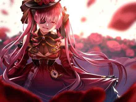 HD anime wallpaper of Houshou Marine from Hololive with long pink twintails, eye patch, and flower-adorned dress, surrounded by rose petals.